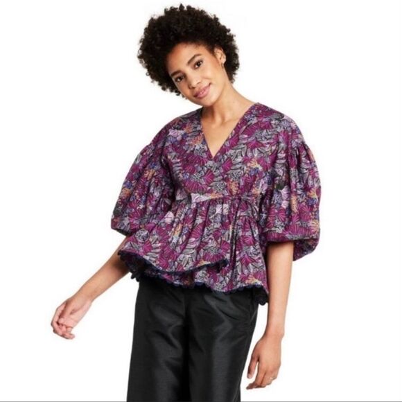 Kika Vargas x Target Purple Floral Cotton Coral Reef Scallop Edge Wrap Top - Picture 3 of 5
